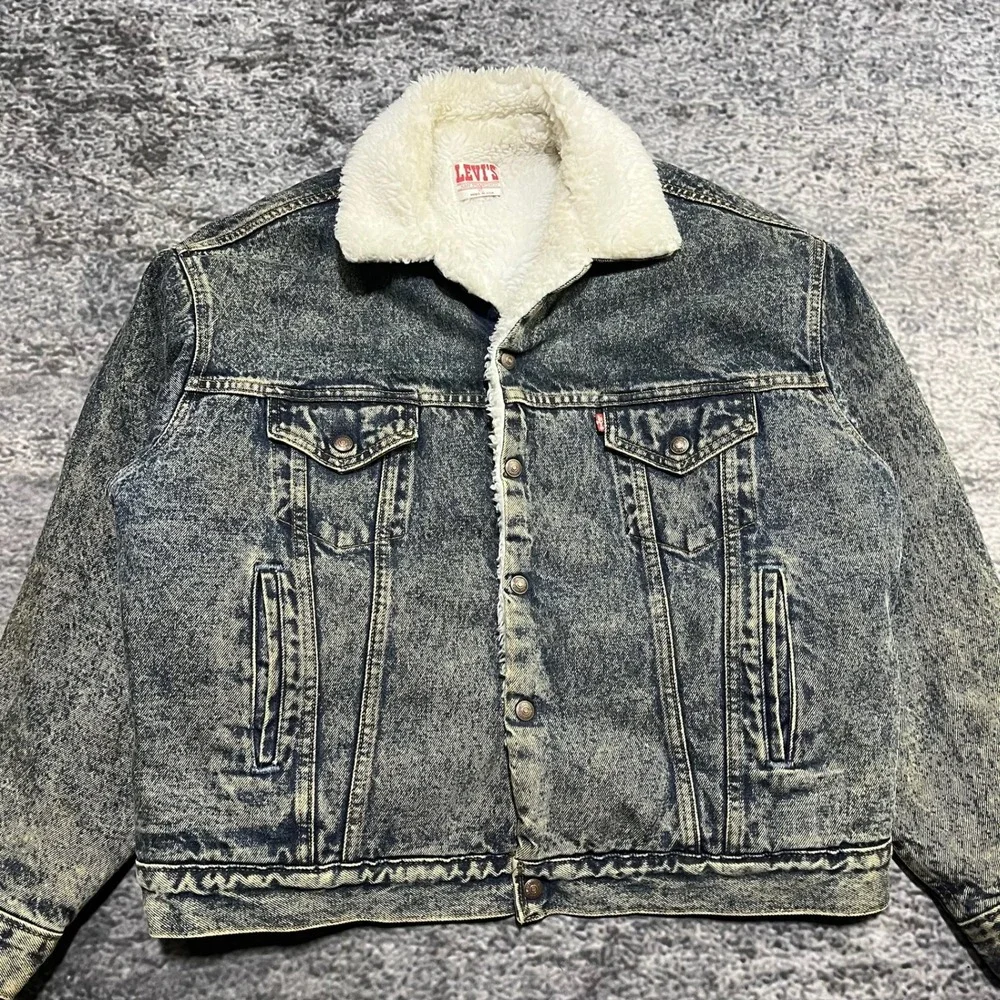 Vintage 80s Levi's Denim Trucker Jacket Size XL Sherpa Lined Acid‎ Wash USA